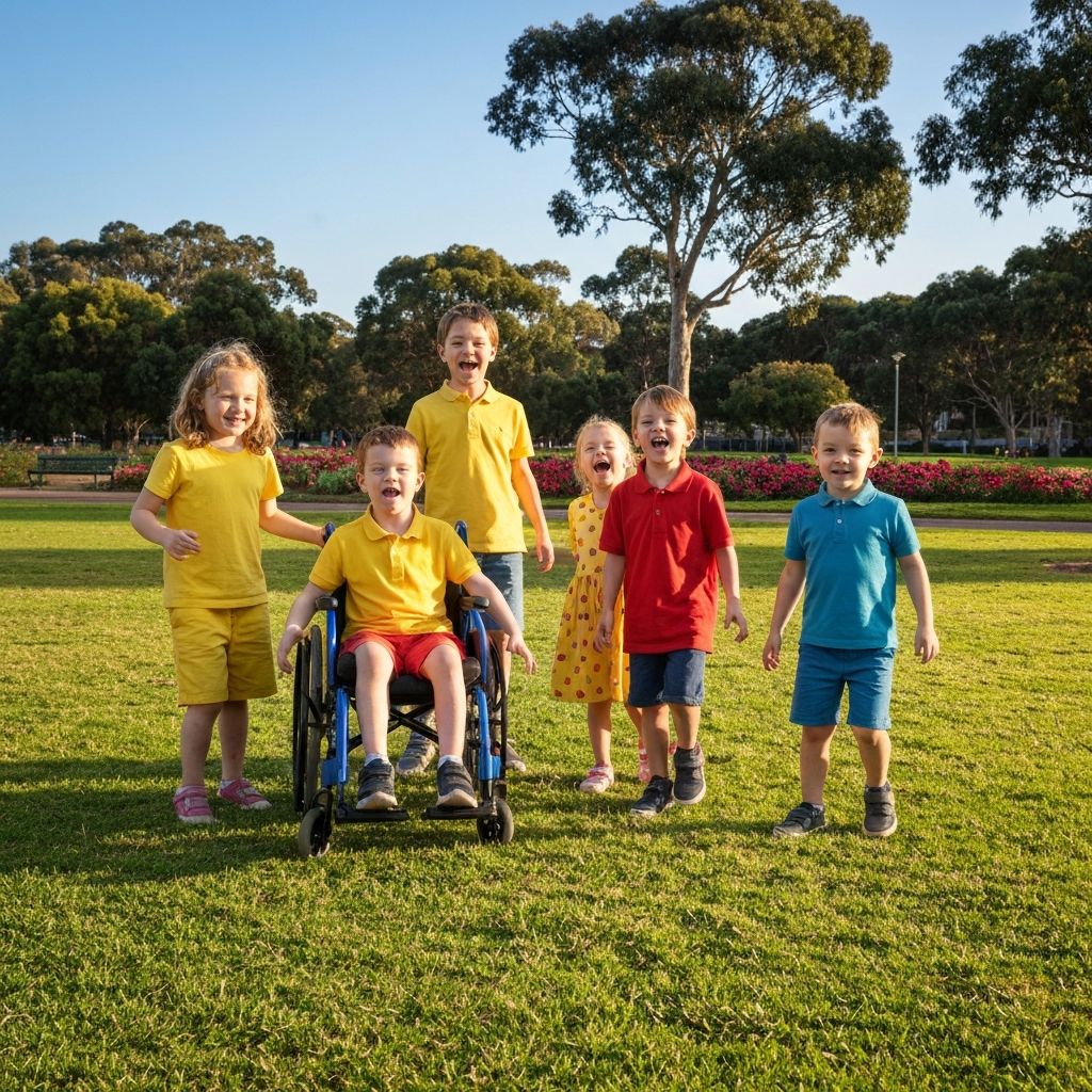 Diverse children with disabilities playing together in a park